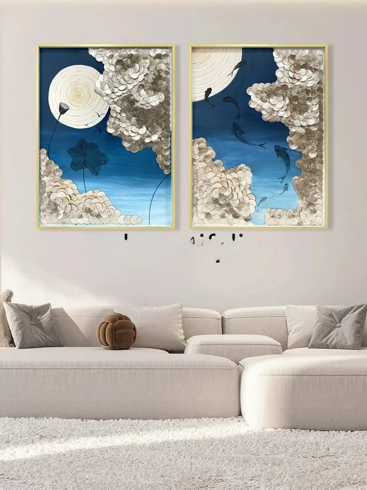 A  Lotus Pond Moonlight Shell Decorative Painting Light Luxury High-end Guest Restaurant Two-packs Hanging Paintings