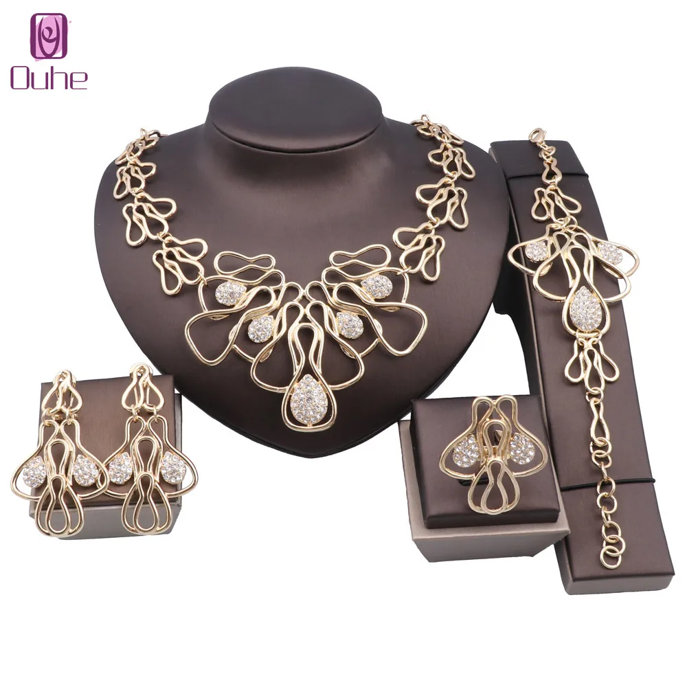 Women Italian Bridal Crystal Gold Color Irregular Necklace Earrings Bangle Ring Party Constume Jewelry Set