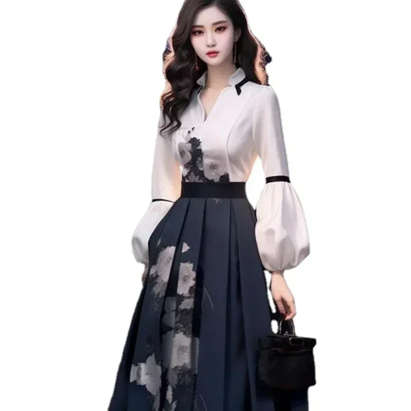 Women's Skirt Set Long Sleeved Blouse Top Autumn Spring High End Chinese Elegant Temperament Goddess Show Thin Print Skirt Set