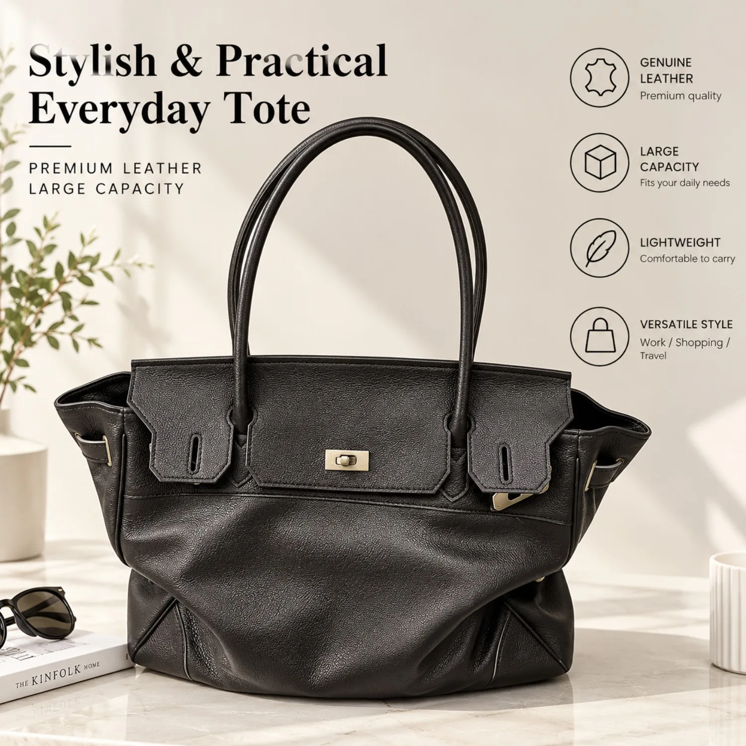 Women's Top Grain Cowhide Leather Tote Bag Large Capacity Shoulder Underarm Handbag Casual Everyday Purse