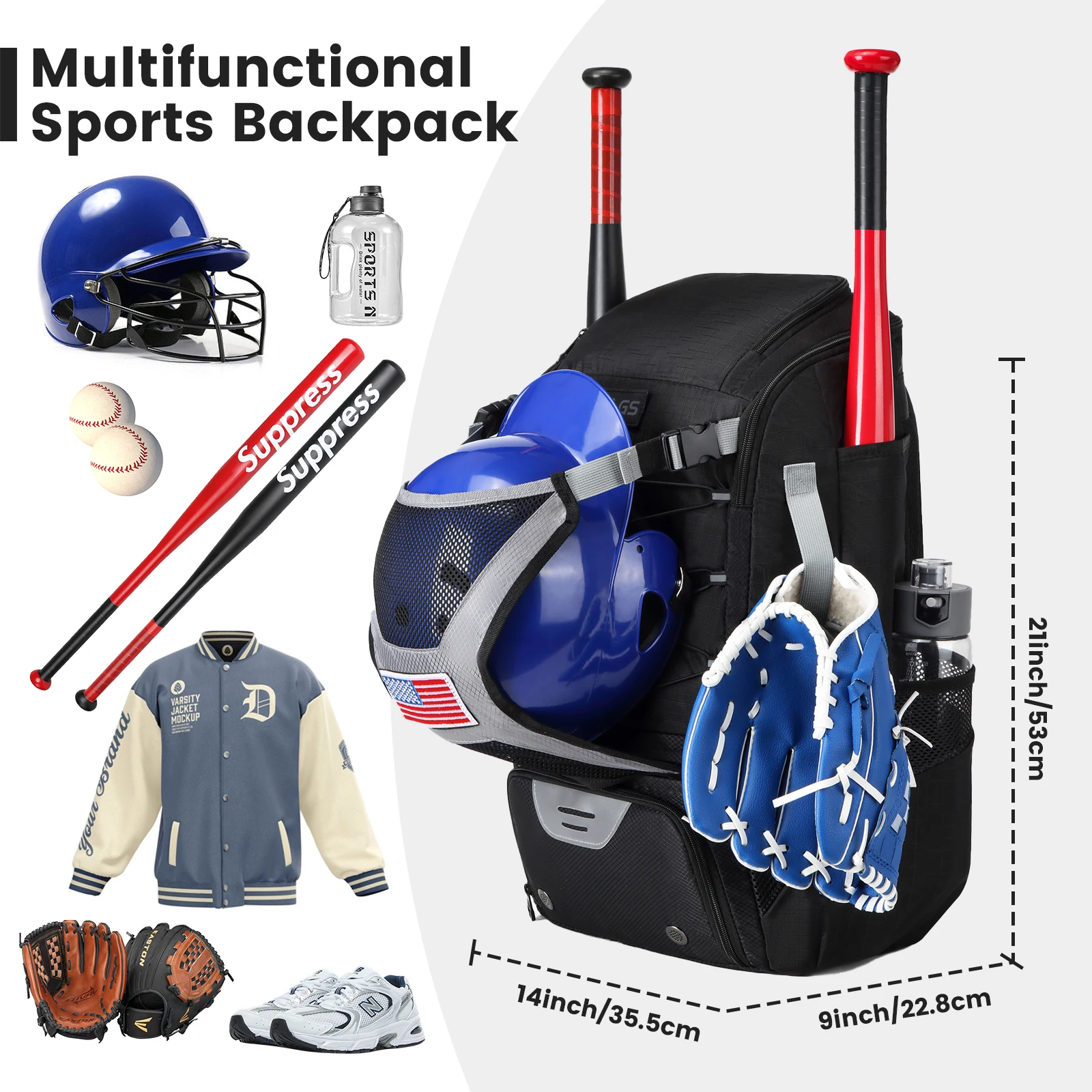 Baseball Equipment Bag Baseball Backpack with Shoe Compartment Softball Bat Bag for Youth Large Capacity Sport Baseball Backpack