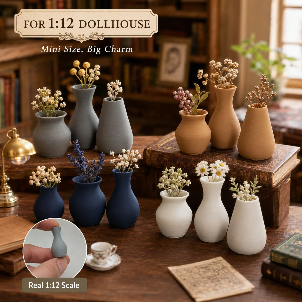

1:12 Mini Vase Set 3Pcs Dollhouse Flower Pot Decor, 3D Printed Matte Miniature Living Room Home Accessories, 4 Color Options