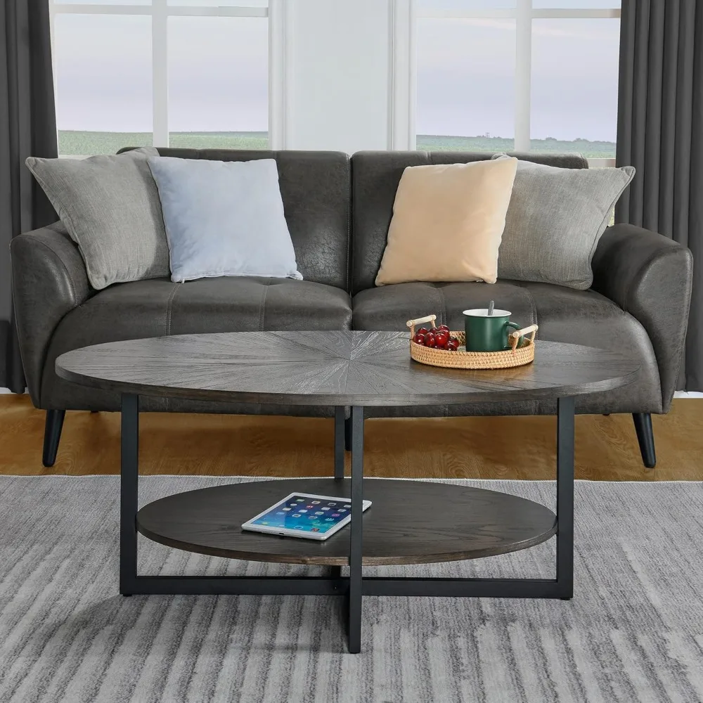 Modern Industrial Style Oval Coffee Table with Metal Cross Legs and Open Shelf, 43.3 inches