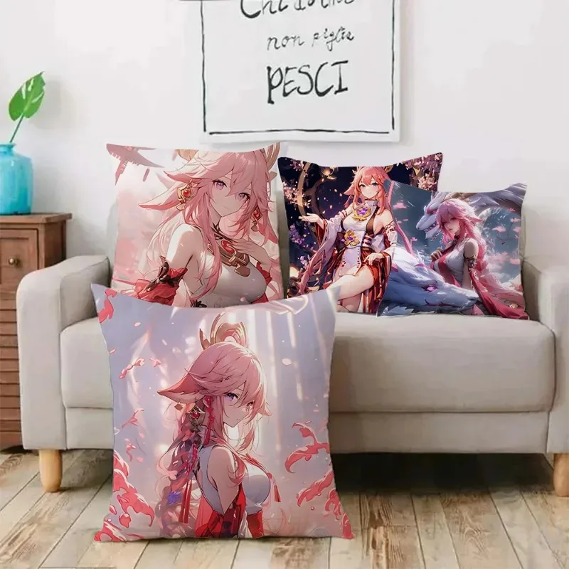 Pillow Covers Cartoon Yae Miko Genshin Impact Sofa Decorative Home  Printing  Cute Cushion Cover