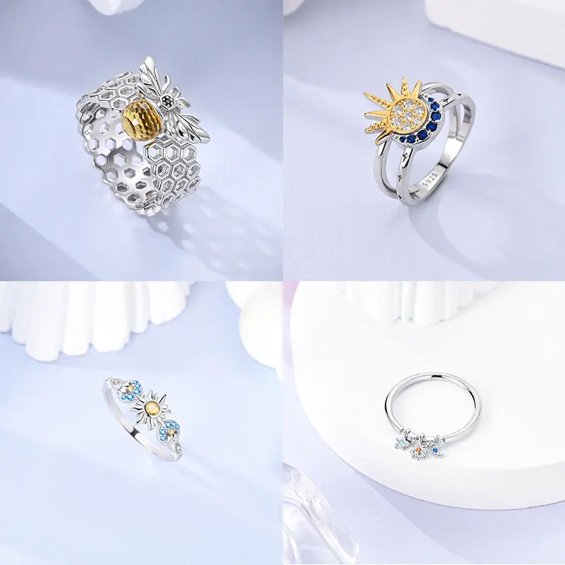 Bague en argent Sterling 925 originale, belles étoiles et lune brillantes, géométrie du soleil, combinaison infinie, cadeaux assortis pour Boutique