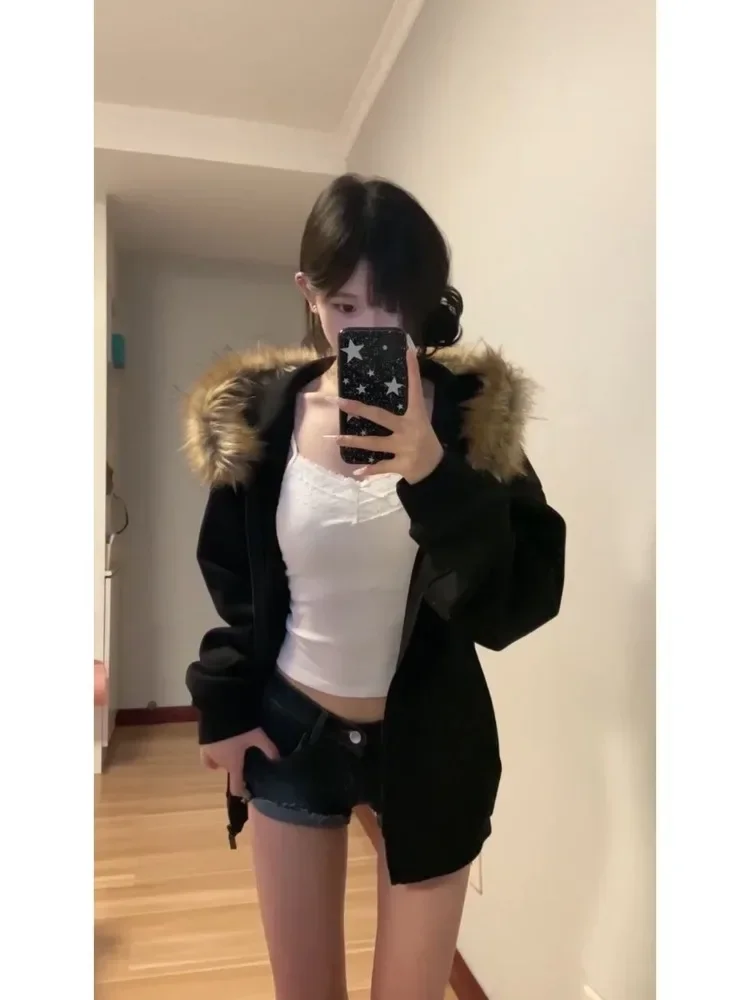 Women Solid Zip Up Hoodies Vintage Korean Preppy Style Faux Fur Coat Oversized Casual Sweatshirt Harajuku Autumn Winter