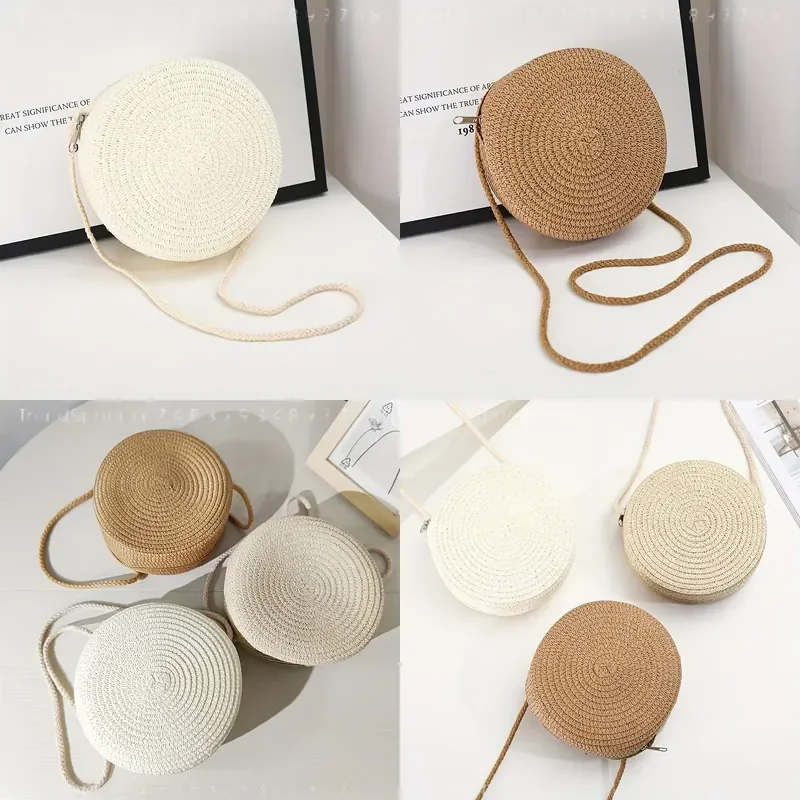 Round Woven Rattan Crossbody Bag for Women Handmade Knitted Straw Small Shoulder Beach Purse Natural Summer Holiday Accessory