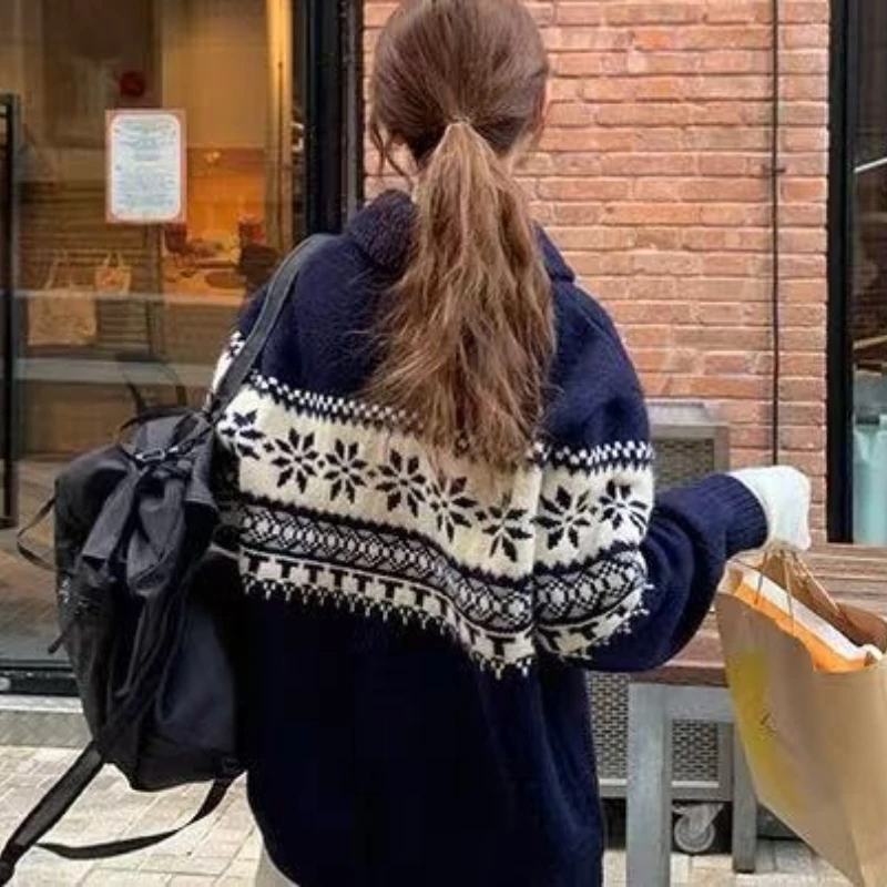 Donna Autunno Inverno Risvolto Casual Top lavorato a maglia Stile britannico Retro Manica lunga Jacquard Pullover Maglione dolcevita allentato con mezza zip