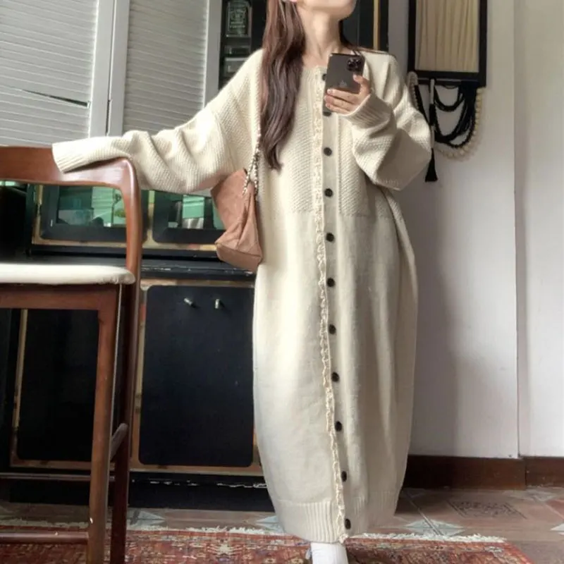 Casual Loose Lace Knitted Dresses Autumn Winter Round Neck Female Clothing Solid Color Basic Single-breasted Straight Midi Dress