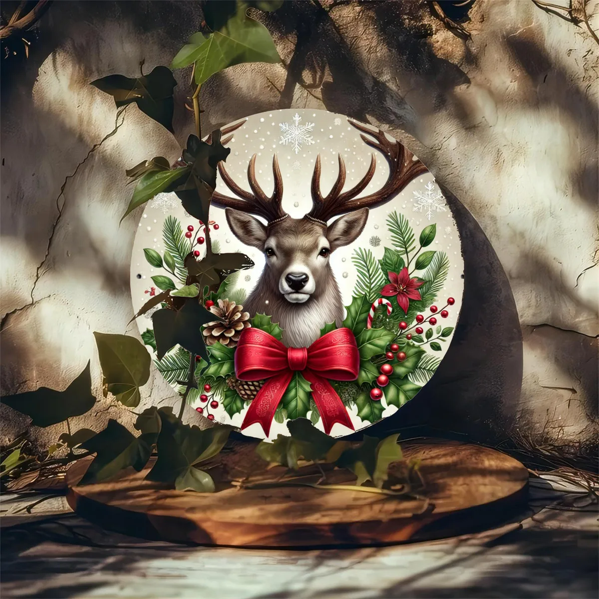 2D Warm Cozy Christmas Elk-themed Wooden Round Plates Furniture Hanging Use Restaurants Coffee Shops Bedrooms Living Room Decor