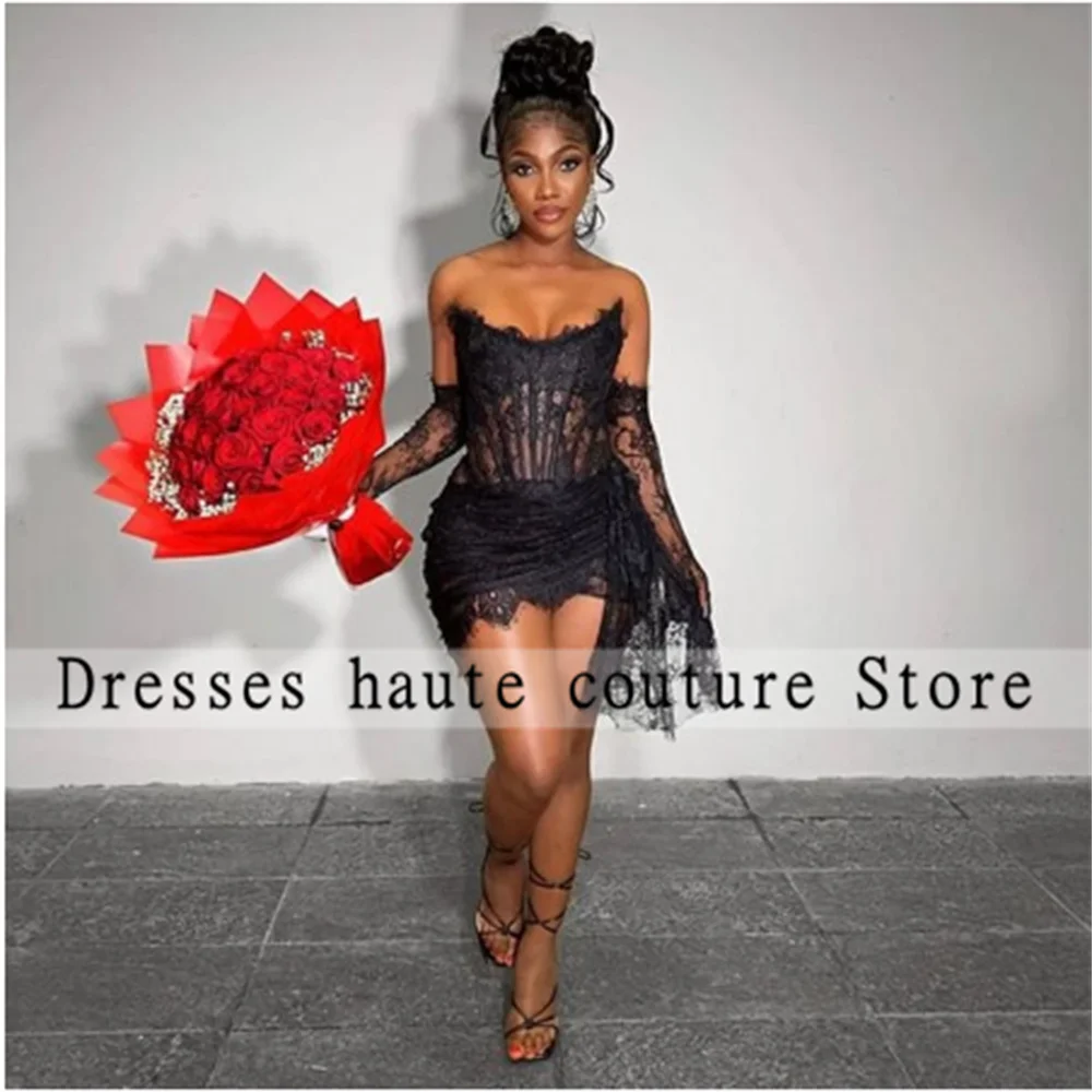 Sexy Black Lace Mini Cocktail Dresses For Black Girls 2025 With Gloves Short Prom Dresses Homcoming Dress Customized