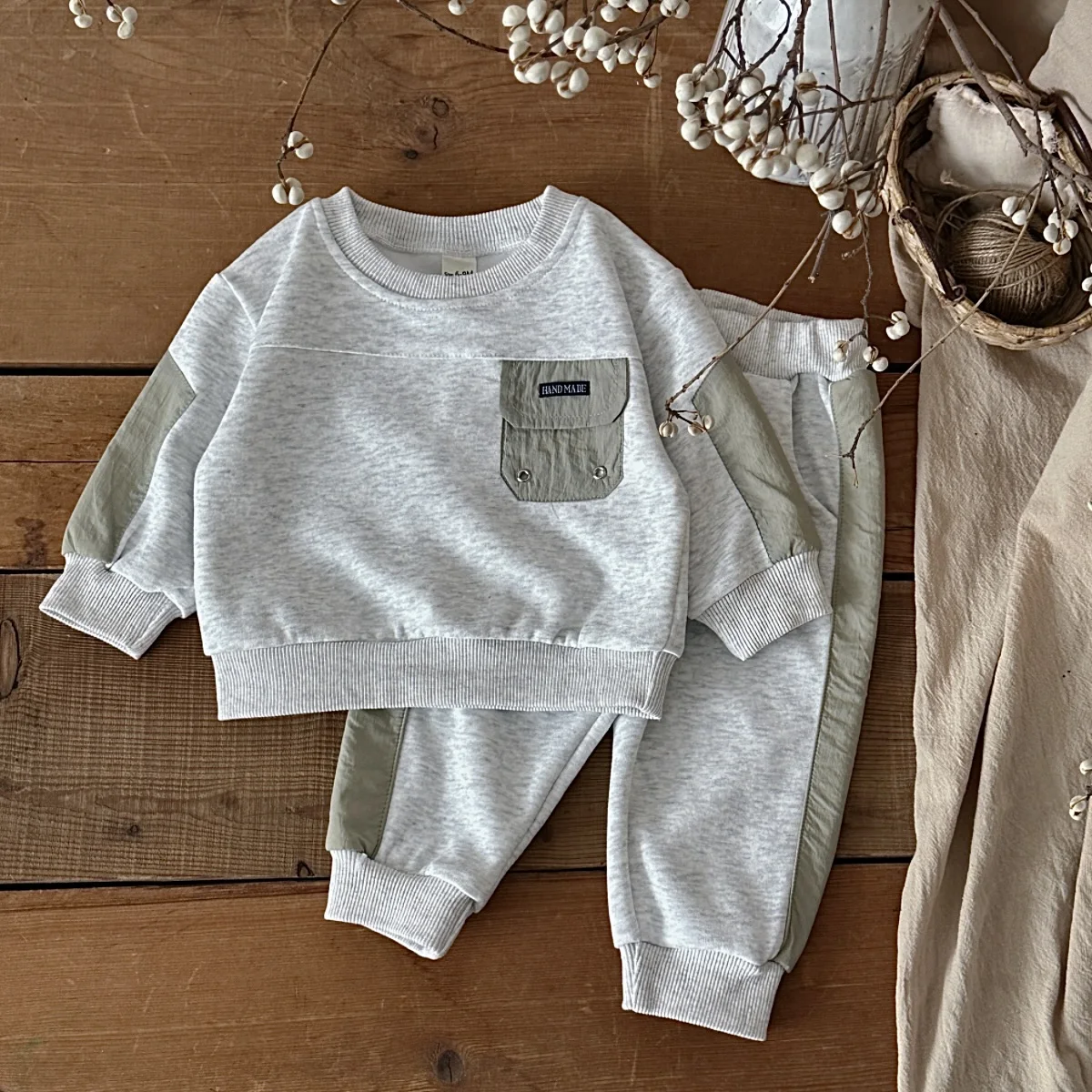 Toddler Baby Boy Girl Sweatshirt Set 2Pcs Spring Autumn Patchwork Pocket Crew Neck Top Pants Outfit Kids Casual Tracksuit