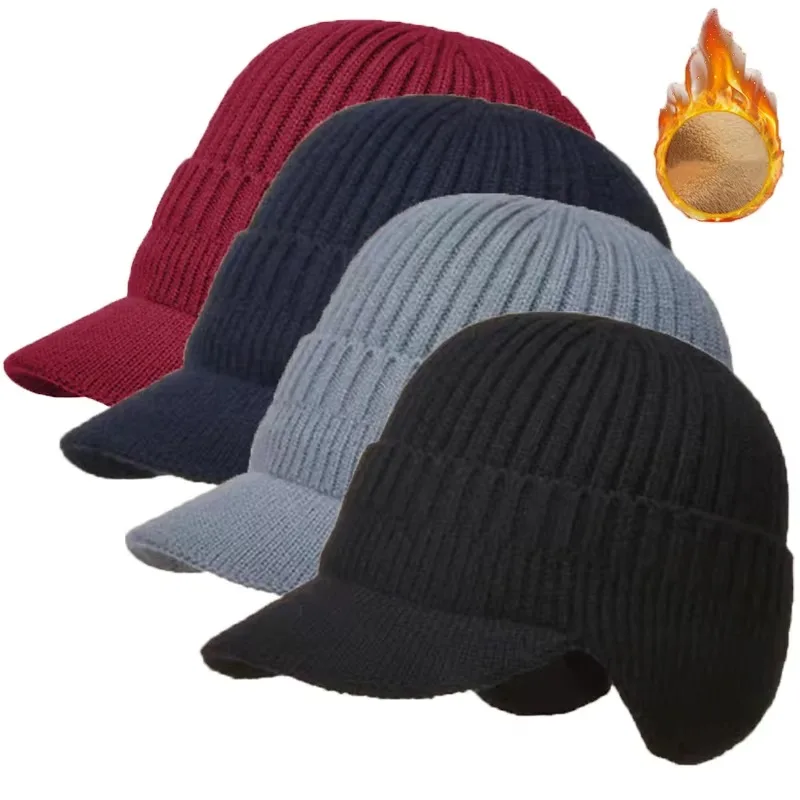 Men's Winter Warm Beanie Hat with Ear Protection Knitted Cycling Dome Bomber Cap Fashion Plush Sunhat in 4 Colors for Outdoor