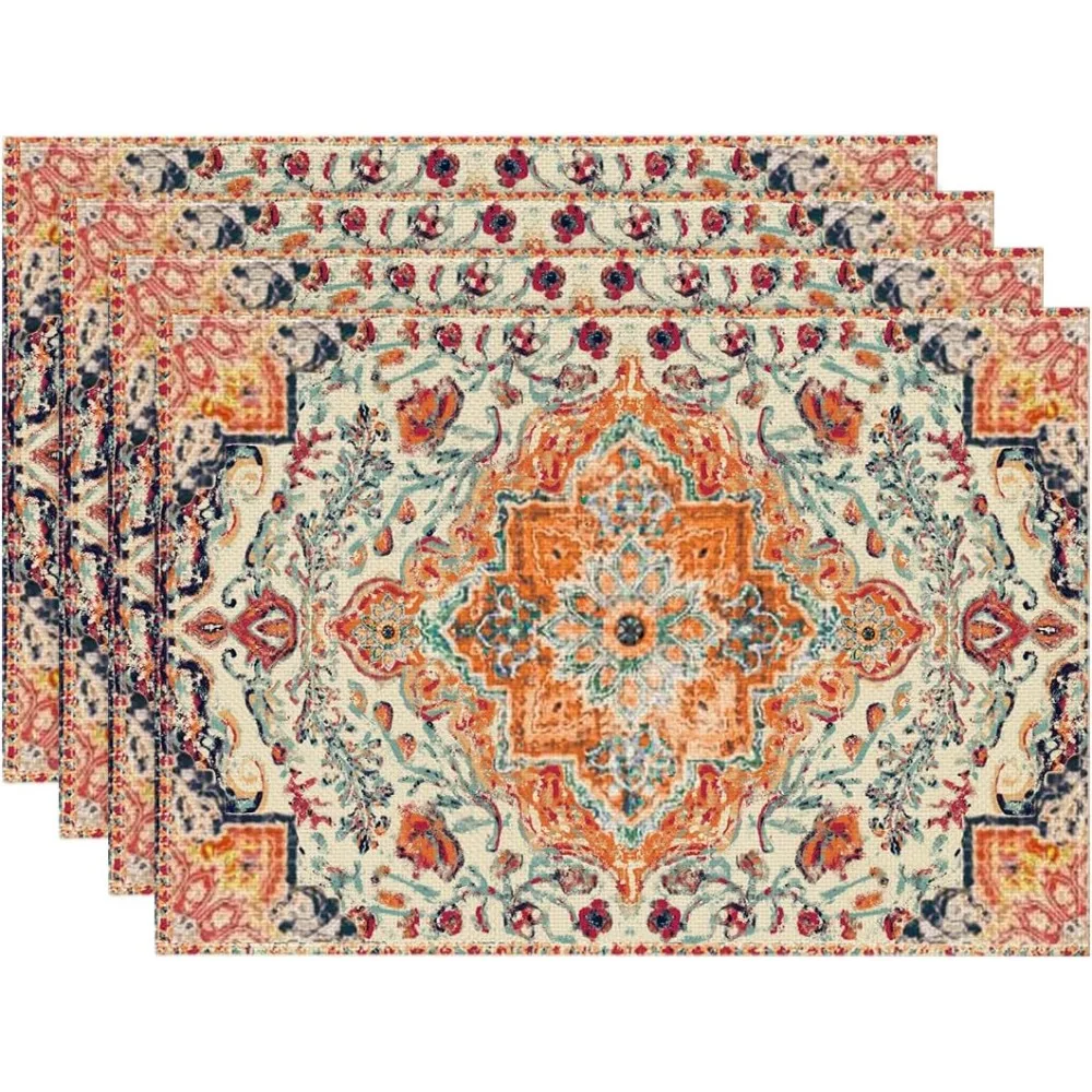 

Placemats Set of 4, Daily Orange Teal Flowes Bohemia Table Mats for Home Party Dining Decoration 12x18 Inch