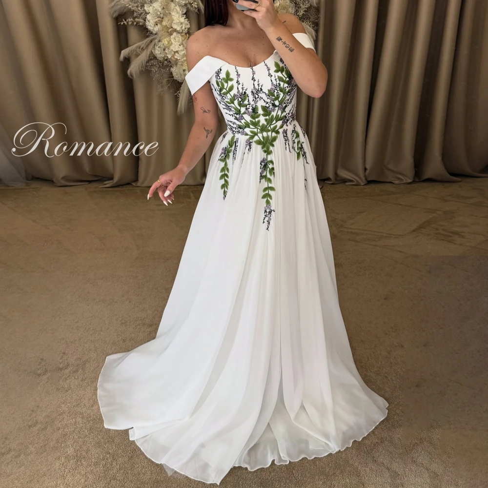 

Элегантное свадебное платье А-силуэта с плиссировкой, кружевными аппликациями, открытыми плечами, боковым разрезом, открытой спиной и шлейфом, на заказ