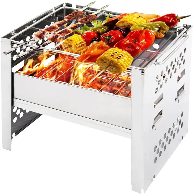 Stainless Steel Square Wood Stove Foldable Grill Outdoor Travel Mini Charcoal Stove Portable Mini Camping BBQ Picnic StoveFurnac