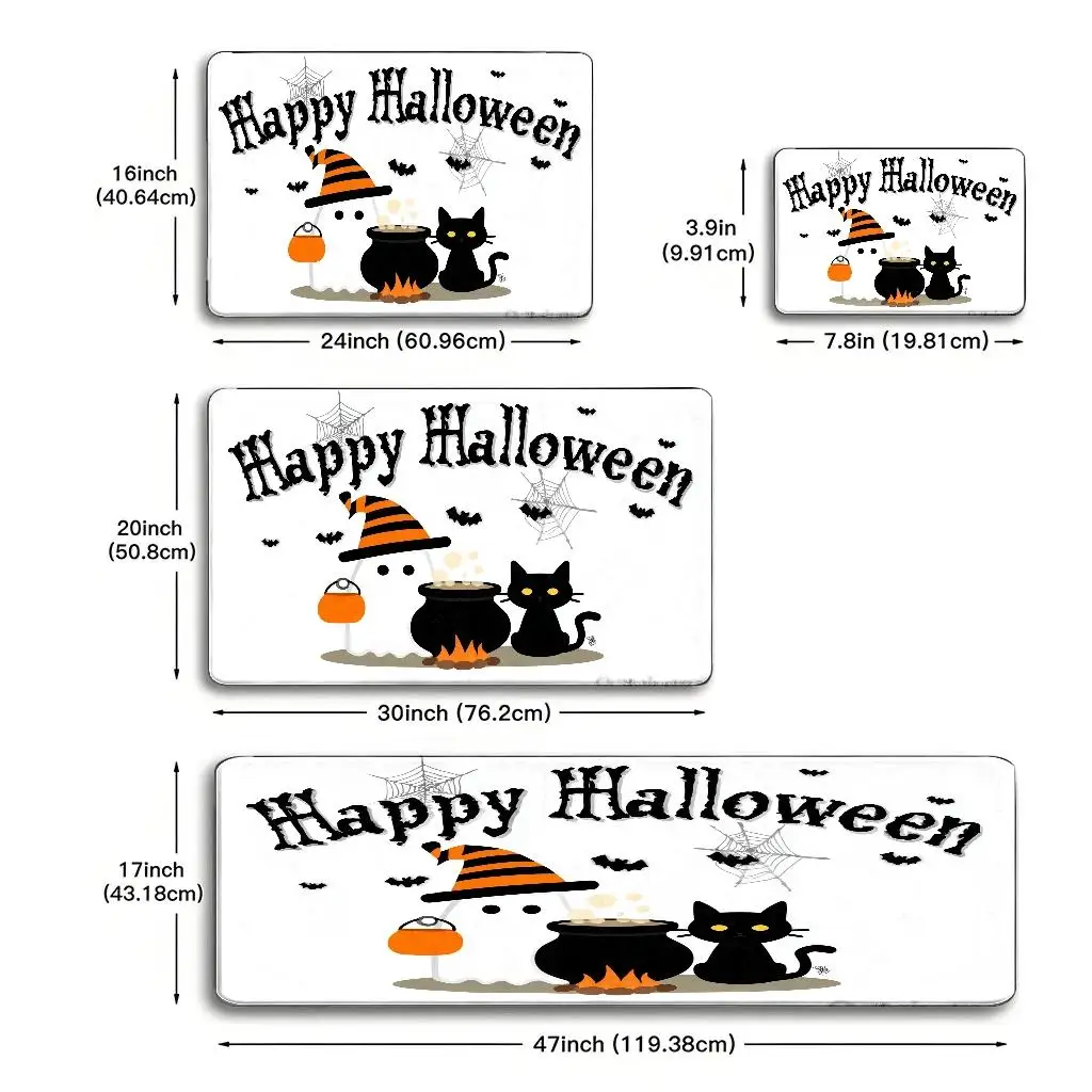 1pc, 2pcs, 3pcs, 2D Flat Kitchen Floor Mat Set, Halloween Pumpkin Floor Mat, Spooky Black Cat And Witch Hat Decorative Kitchen Rug, Easy-To-Clean Bathroom Floor Mat, Suitable for Kitchen, Bathroom, Laundry Room, Dining Table