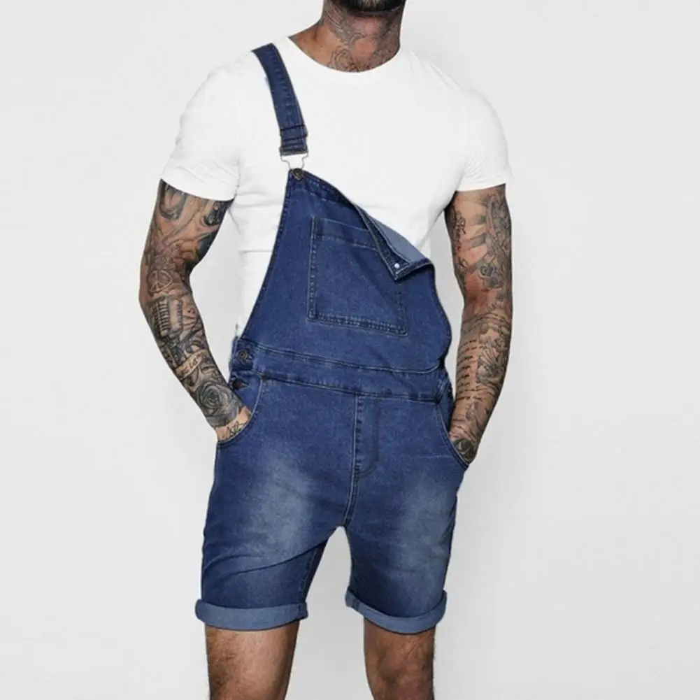 Men Denim Jumpsuit Rolled Edges Vintage Romper Joggers Jumpsuit Multi Pockets Bib Overalls Casual Trousers Men Cargo Overalls