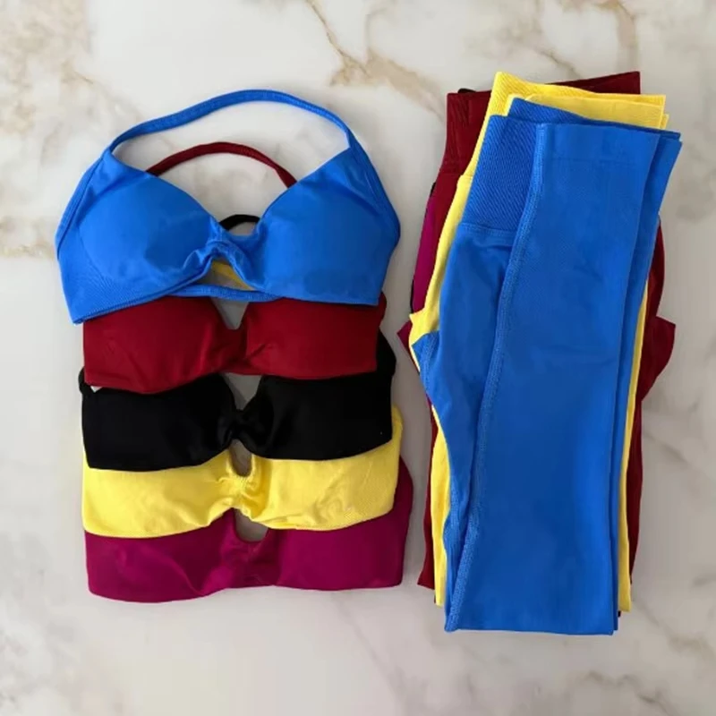 

WHENG 2pcs Women Two Piece Strappy Yoga Bra Top Workout Scrunch Leggings Suit Fitness Clothes Seamless Sportswear Set 2Pcs