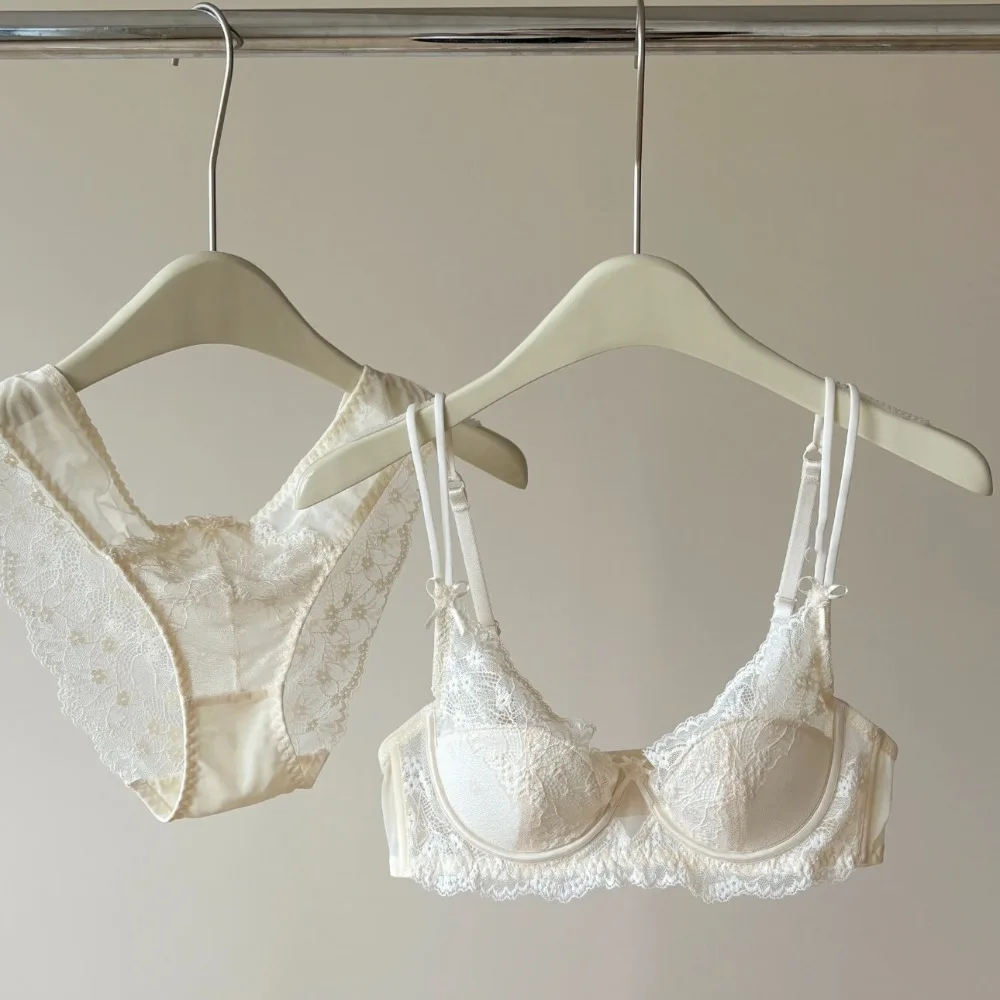 Ladies French Half‑Cup Bra Panties Set Thin Minimizer Soft Underwire Support Anti‑Sagging Side Collect Excess Fat Daily Lingerie