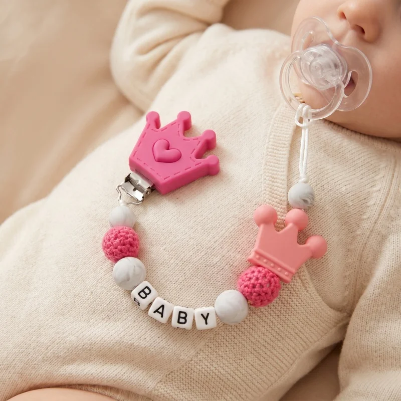 Personalized Baby Pacifier Clip Custom Name Silicone Teether Holder BPA Free Crown Soother Chain Dummy Clip for Newborn Gift