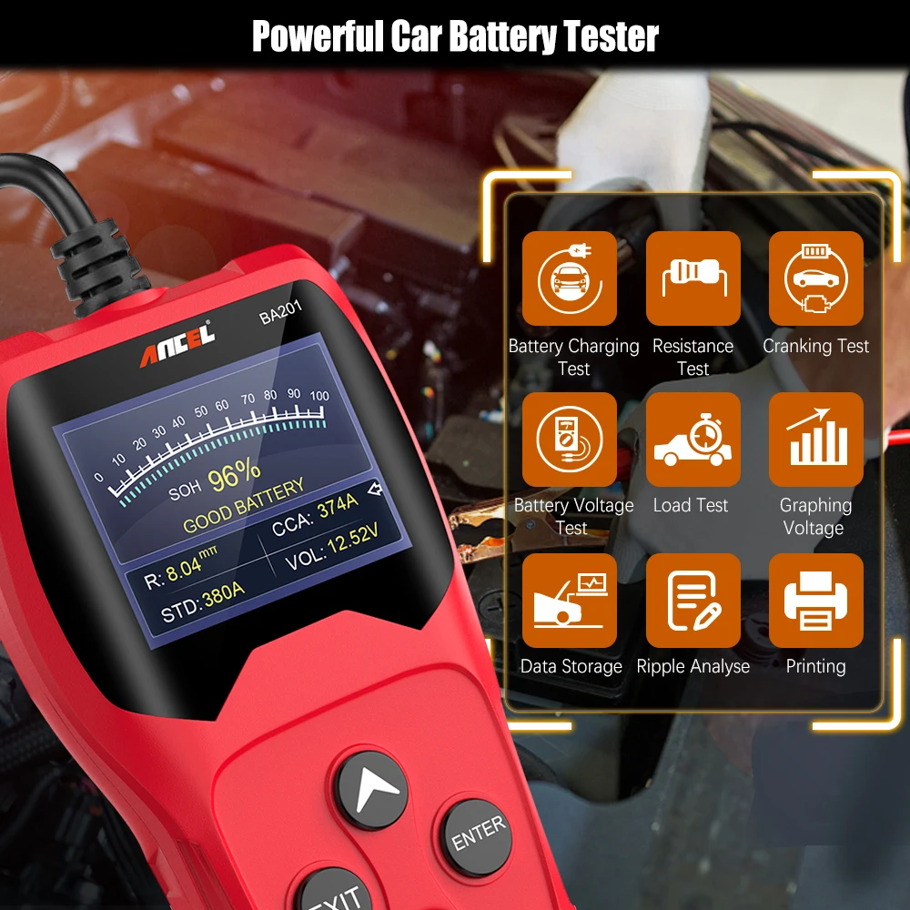 ANCEL BA201 12V Car Battery Tester 100-2000 CCA Battery Healthy Analyzer Cranking Test Battery Voltage Test Tool