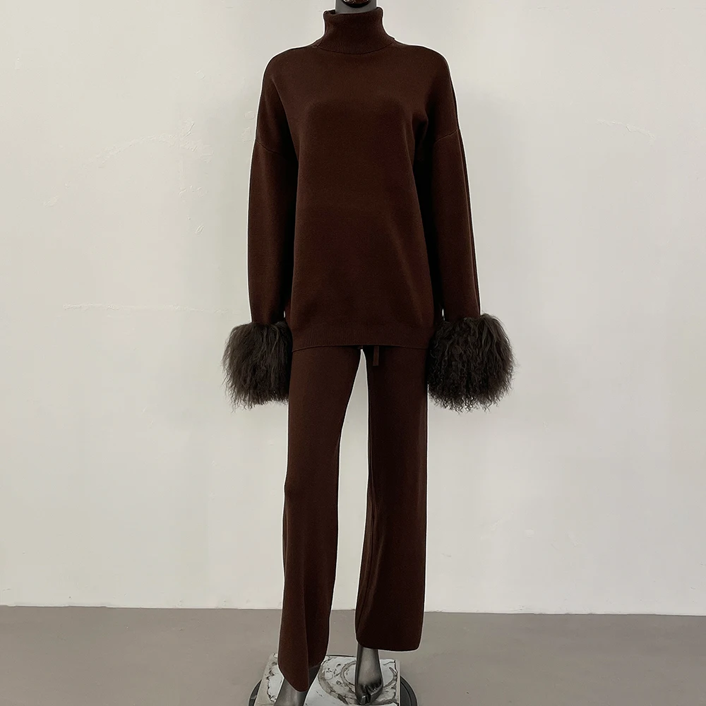 Knitted Suit Women's Sweater Set with Real Mongolian Sheep Fur Cuffs High Quality Wool & Blend Knitted Pullover and Pants 2025