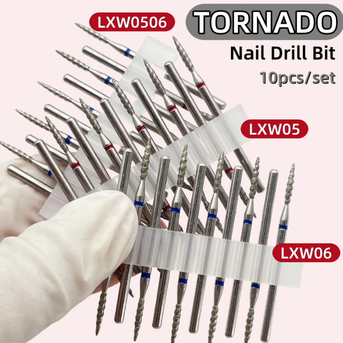 10Pcs Tornado Diamond Nail Drill Bit Fine&Medium Grit Size Manicure Cutters Rotary Burr Drill Accessories Spiral Nail Mills Tool