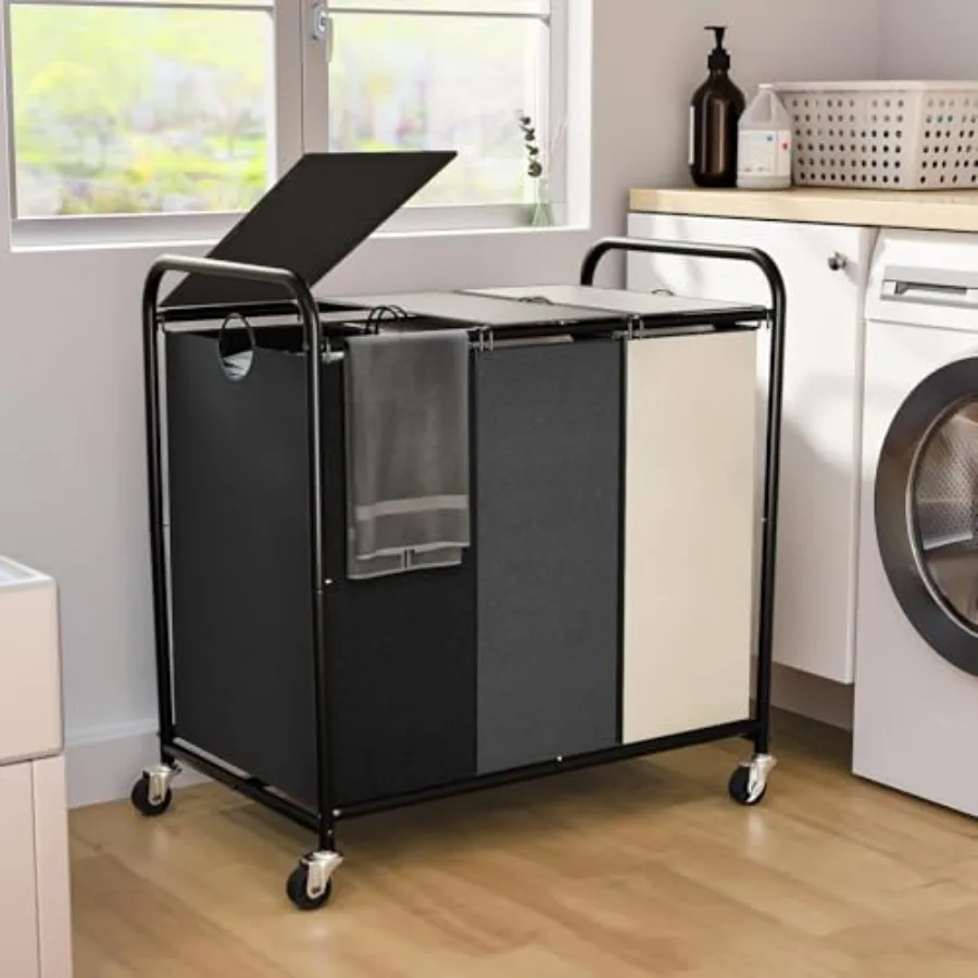 

Корзина для белья на 180 л (47,55 галлонов) с 3 секциями, на колесиках, с блокирующимися колесами и крышкой, с 3 отдельными отсеками