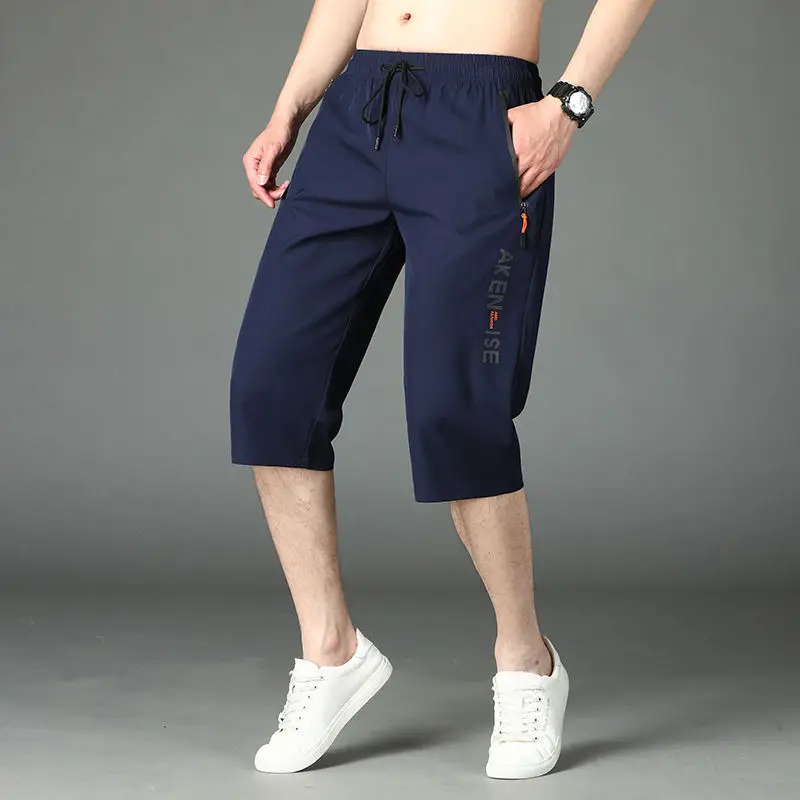 Trend Casual Elastic Drawstring Capri Pants Male Clothes Summer Korean Zipper Patchwork Fashion Men High Waist Ice Silk Pants