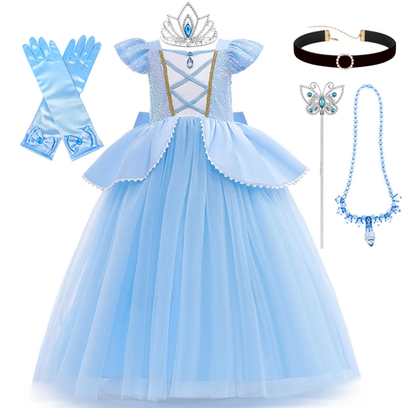 Children Dreamy Girls Cinderella Cosplay Costume Princess Ball Gown Kids Sequin Mesh Disguise Dress For Carnival Birthday Party