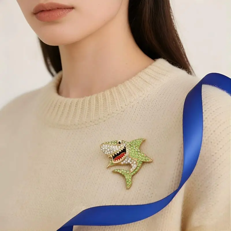 Fashion Creative Cute Rhinestones Shark Brooches For Women Clothing Coat Jewelry Accessories