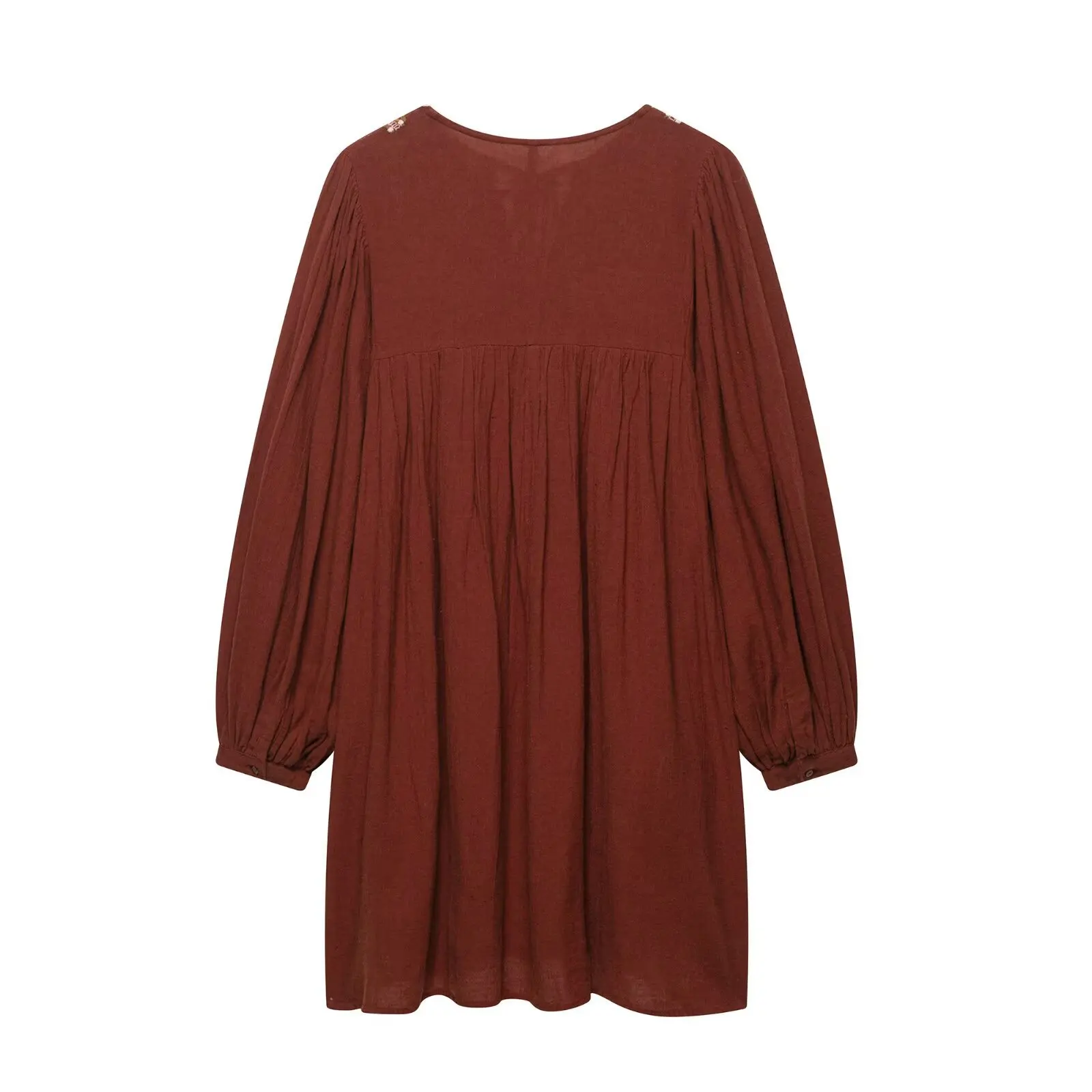 2025 Primavera y verano de manga larga para mujer Vestido corto con borlas con cordones y cuello en V vestidos bordados sueltos Casual vestido de vacaciones en la playa