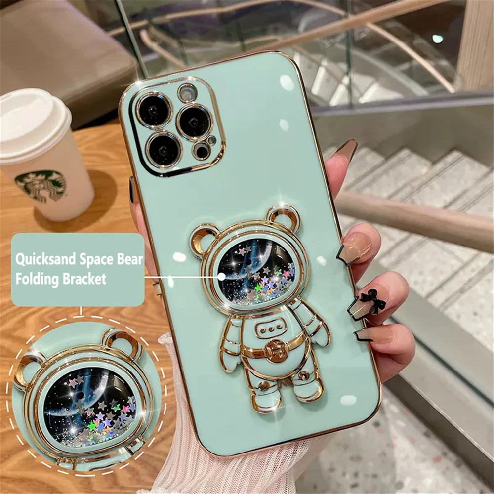 Quicksand Astronaut Plating Phone Holder Case for iPhone 16 15 14ProMax 13 11Pro Max 1  MiniCoque Stand Soft Silicone Back Cover