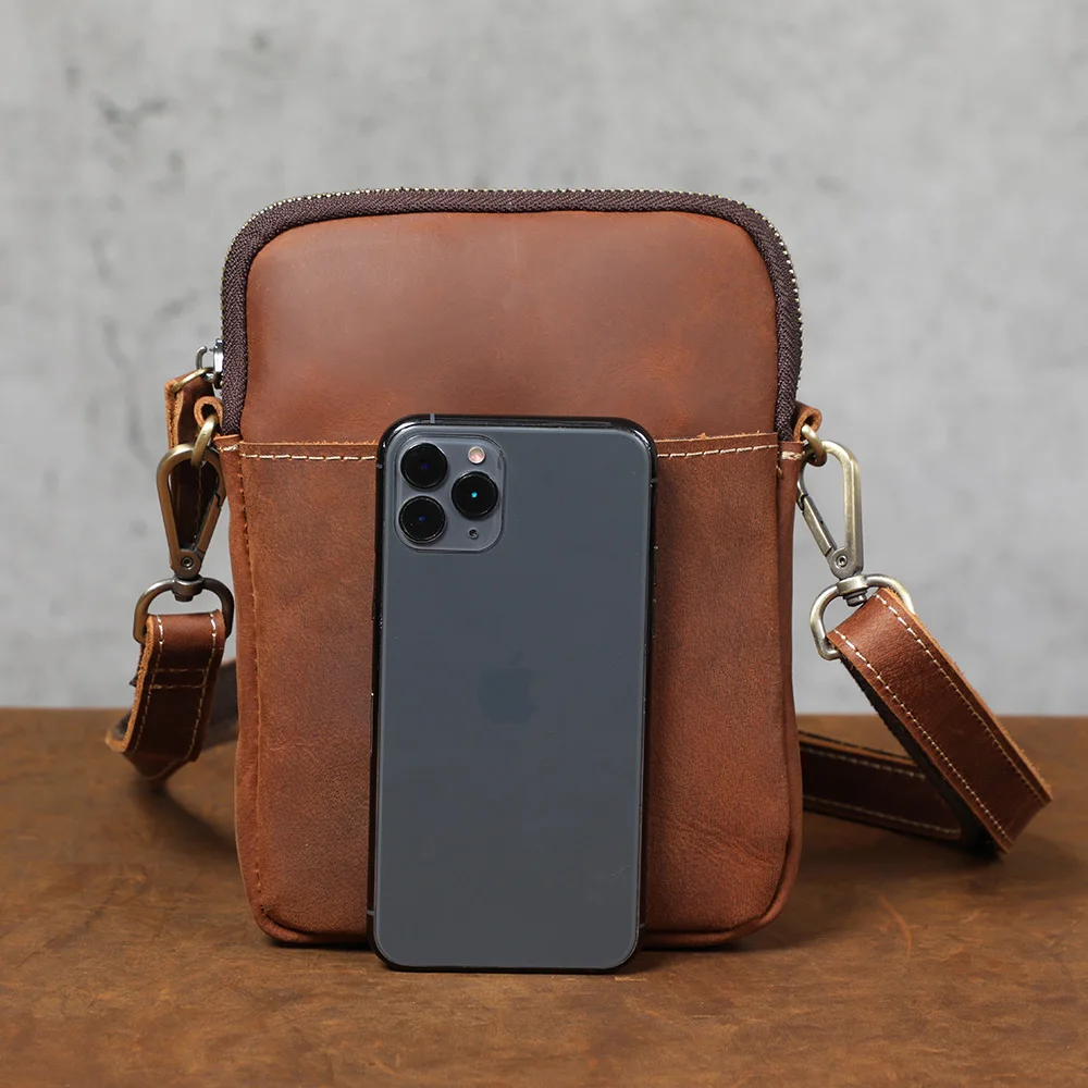 S.WORKER Vintage Echtleder-Umhängetaschen Crazy Horse Handgefertigte Mini-Tasche für Telefon, Karten und Schlüssel – Detail 10