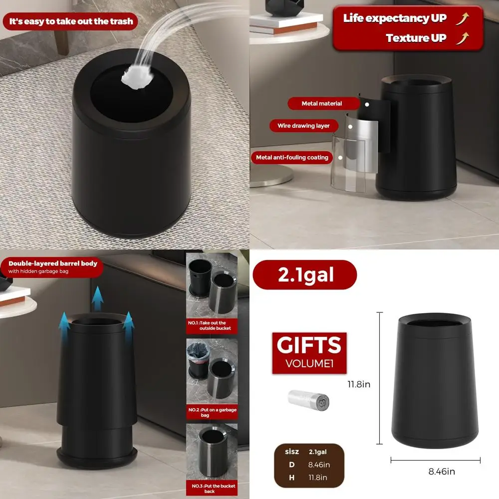 

8L Capacity Black Waste Bin for Small Spaces: Ideal for Bathroom, Bedroom, Living Room, and Office Use
