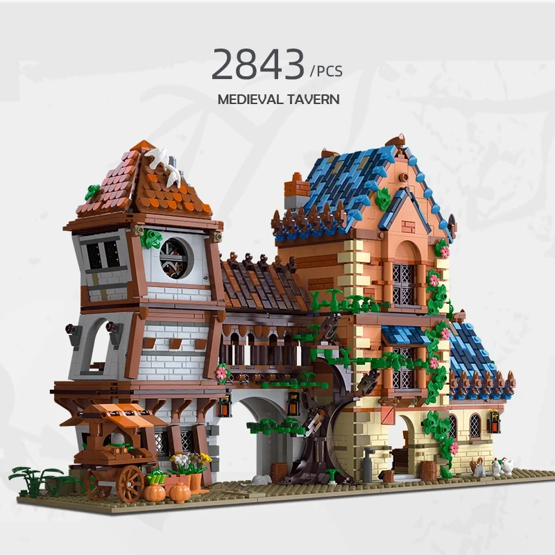 Bloques de construcción de taberna Medieval para niños, 2843 Uds., ciudad creativa, vista a la calle, bloques de modelismo MOC, adornos creativos de escritorio, juguetes, regalos