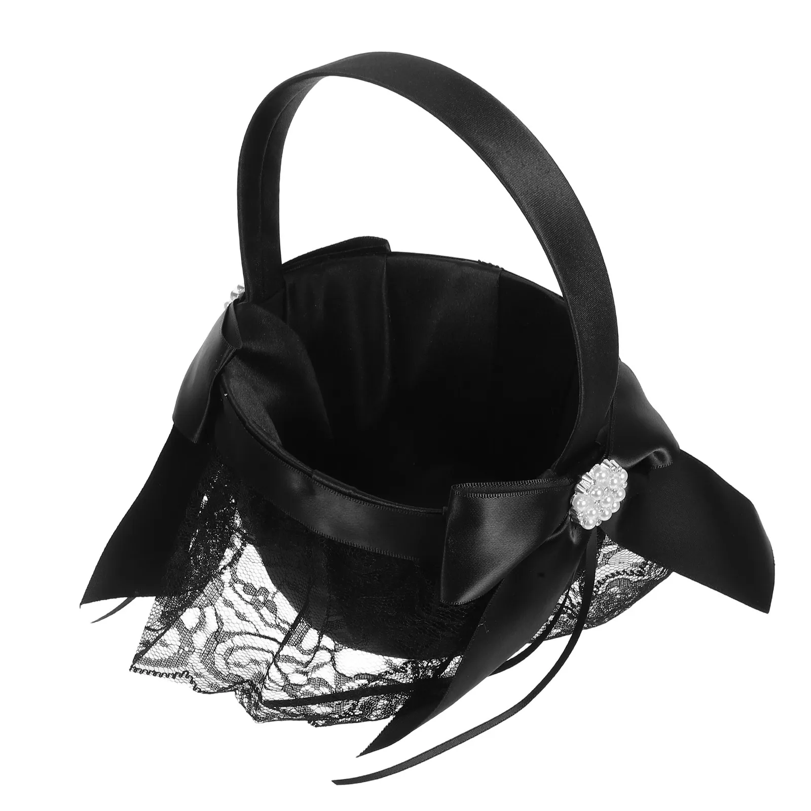 Black Flower Basket Handwoven Fabric Handle Elegant Wedding Petal Holder Rustic Ceremony Supplies Black Basket with Handle