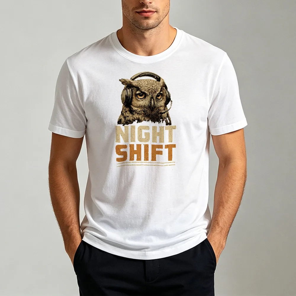 Night Shift Owl With Headphones Print Tee Men Women Breathable Short Sleeve Night Worker Vintage Animal Casual T Shirt