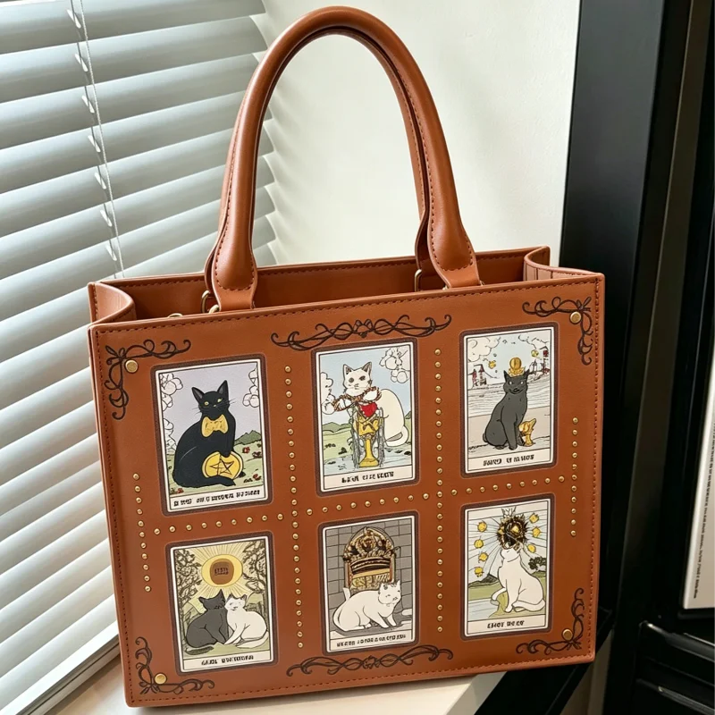 

Embroidered Cat Elf Handbag,Cartoon Cats Print Graffiti High-end Luxurious PU Leather Handbag Niche Square Banquet Shoulder Bag