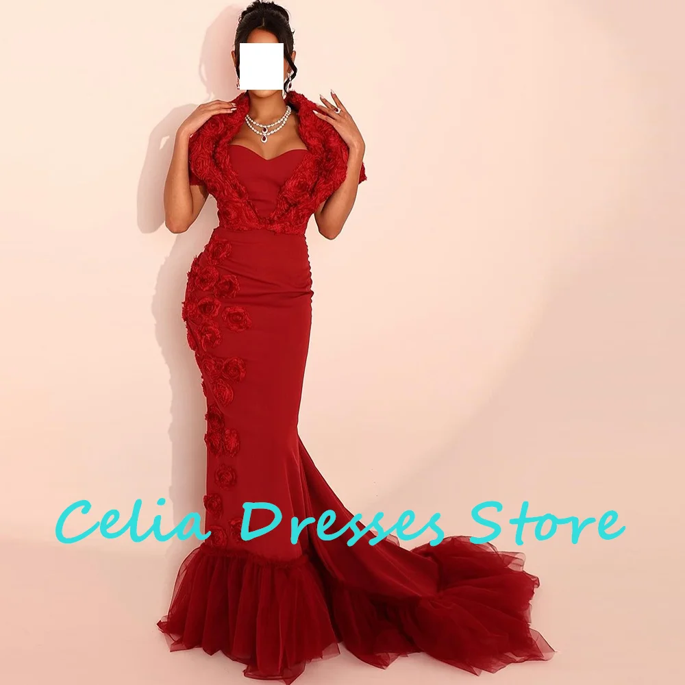 Red Mermaid Floor Length Square Neck Jersey Sleeveless Evening Dress Court Train Pleats Flowers Saudi Arabia Evening Gowns 2024