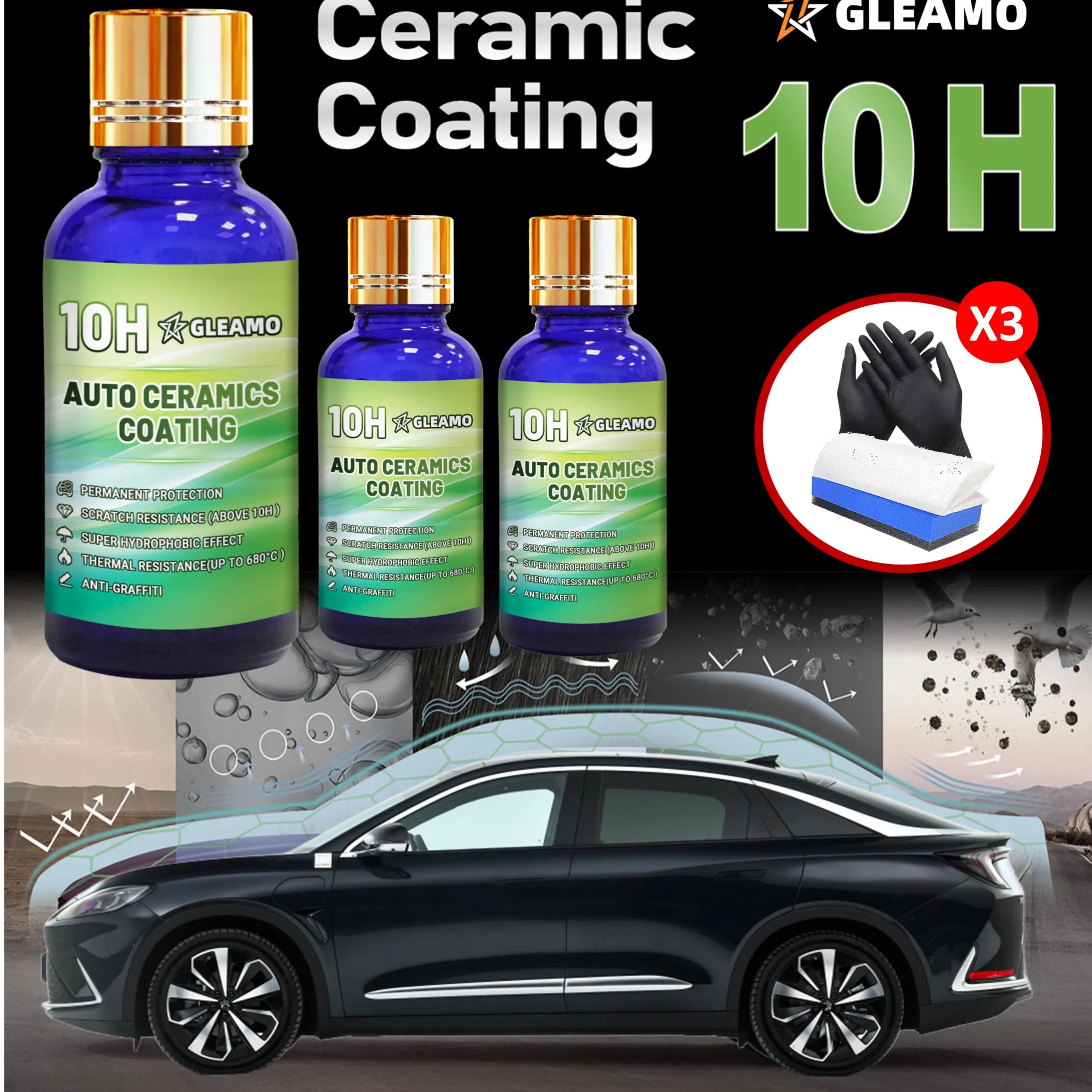 

3 комплекта керамического автомобильного покрытия 10 часов, глянцевое, твердость, устойчивость к царапинам, нанокристаллический гидрофобный слой, длительный эффект