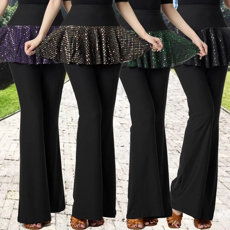 A nova moda trajes de dança quadrada lantejoulas saia calças feminino adulto dança latina prática roupas dança moderna calças alargamento
