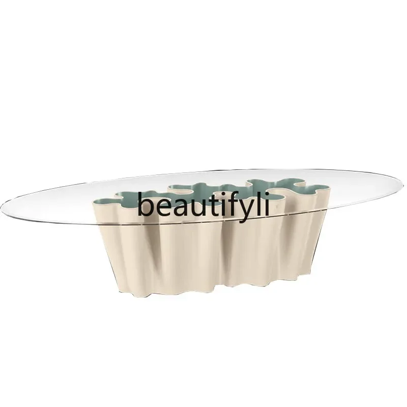 Wave tempered glass oval dining table high-end petal round table