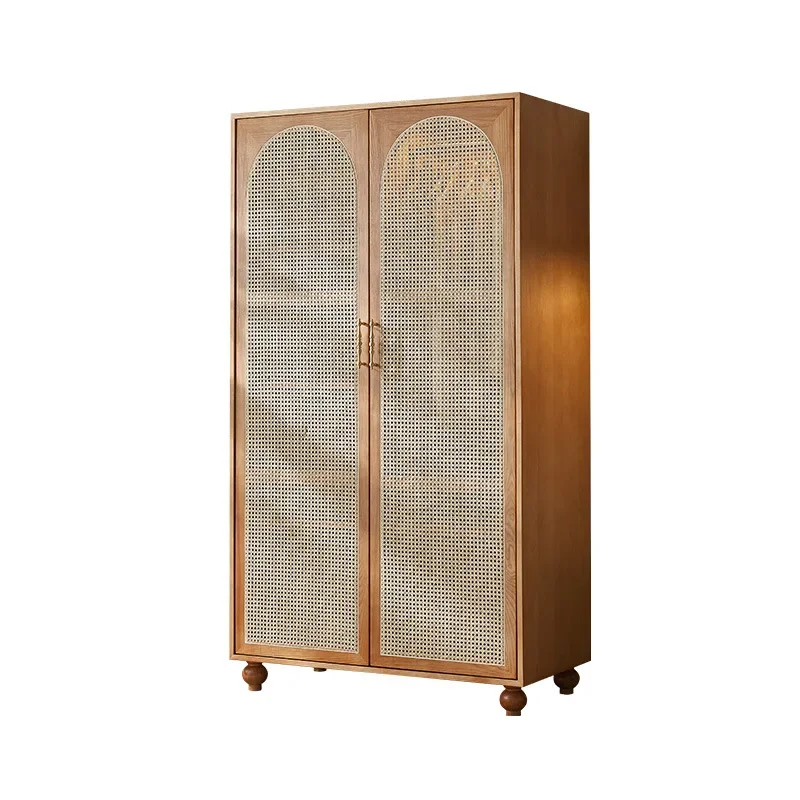 

Nordic solid wood rattan wardrobe storage locker simple modern retro cabinet bed and breakfast bedroom double door coat cabinet