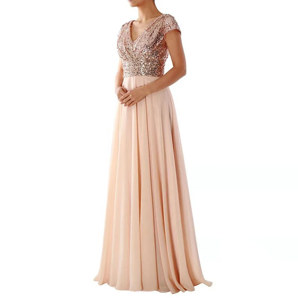 

Elegant Women Ladies Bridesmaid Maxi Dresses Sequins V Neck Short Sleeve Gauze Cocktail Prom Ball Gown Evening Party Dress