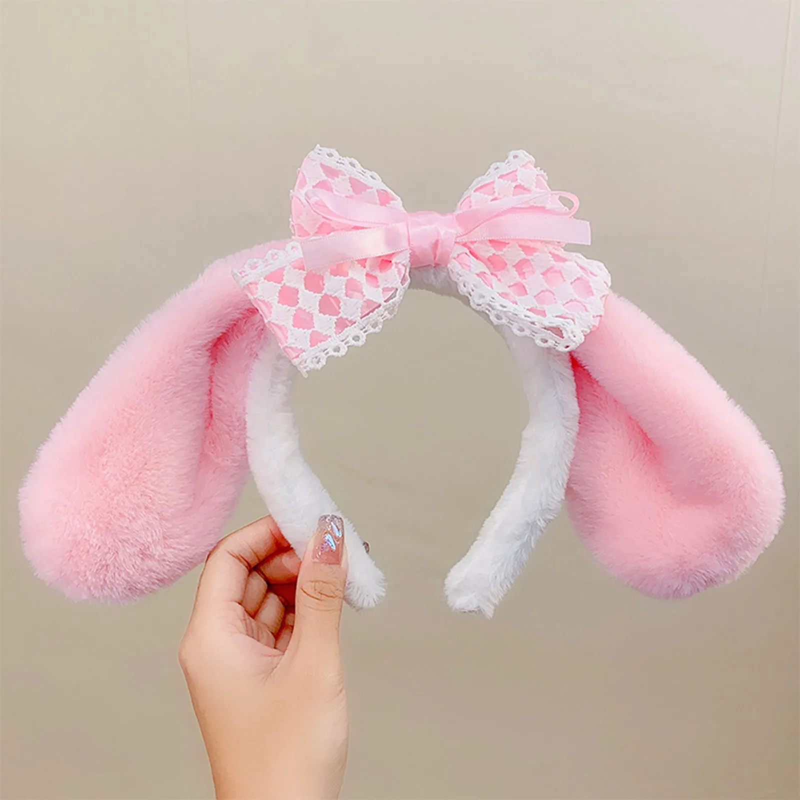 

Pink Rabbit Plush Ears Headband Rabbit Ears Bow Hair Hoop Furry Bunny Ear Headwear Kawaii Pink Bandssoft Wash Face Headwear