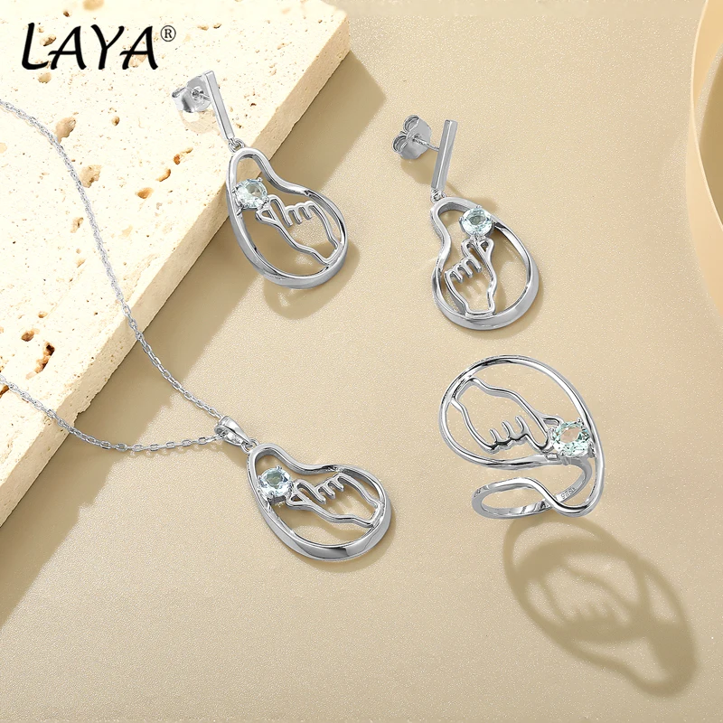 LAYA 925 Sterling Silver Gemstone Natural Black Sapphire Than Heart Hand Temperament Irregular Ring Earrings NecklaceJewelry Set