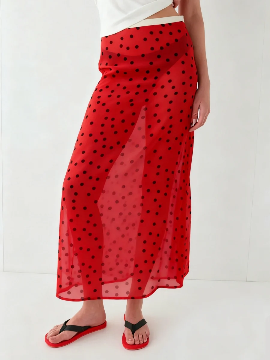 Women Y2k Polka Dot Sheer Midi Skirt Sexy See Through Low Rise Long Skirt Flowy Mesh Cover Up Maxi Skirts Beachwear