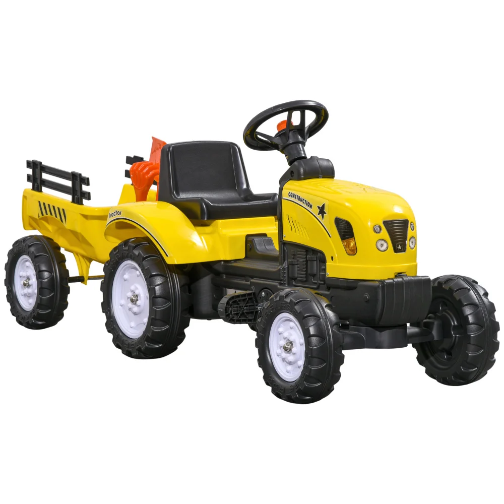 Kids Ride on Farm Tractor, Manual Pedal Ride on Car with Back Storage Trailer, Shovel & Rake, Horn for Age 3 Years Old, Yellow